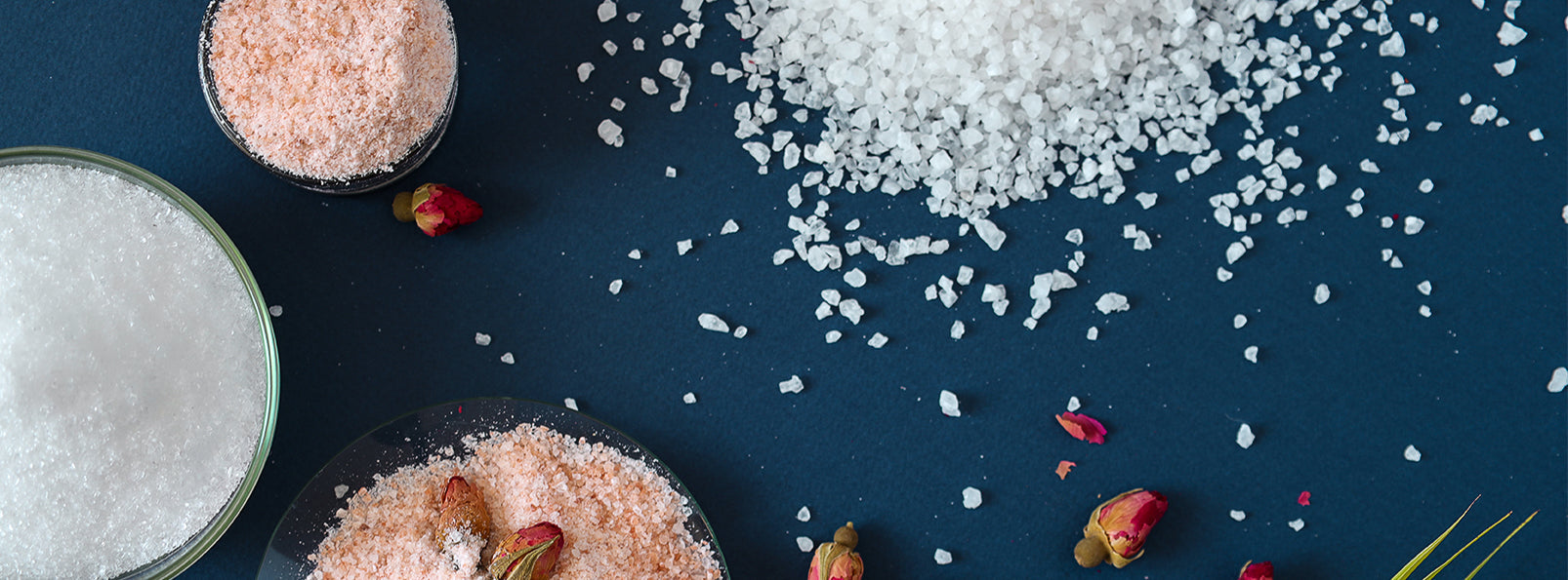 Himalayan, Epsom and Kalahari Desert salts displayed together for bath, body and soap making