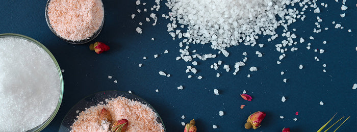 Himalayan, Epsom and Kalahari Desert salts displayed together for bath, body and soap making