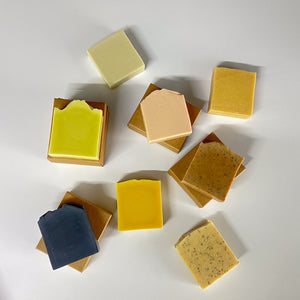 Handmade cold process soap variety pack featuring artisan soaps in recyclable kraft packaging.
