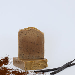 Handmade vanilla cold process soap bar with real coffee beans and creamy natural finish