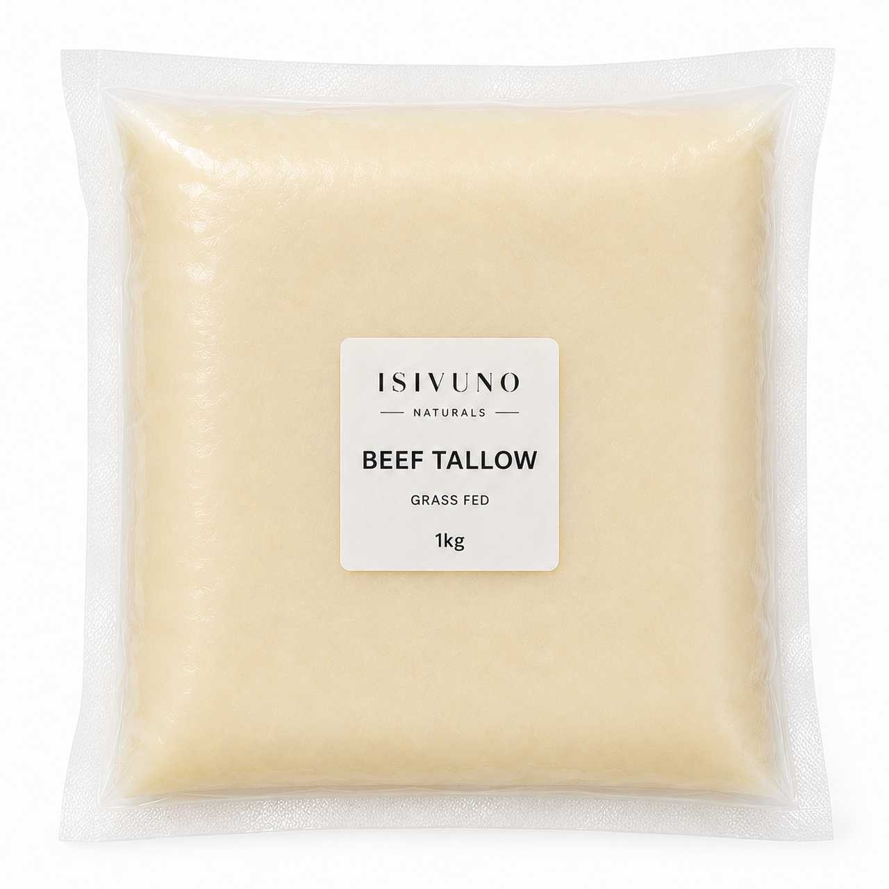 Grass-fed beef tallow 1kg from Isivuno Naturals, triple-rendered beef tallow for soap making, natural skincare and cooking.