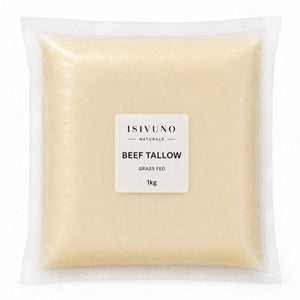 Grass-fed beef tallow 1kg from Isivuno Naturals, triple-rendered beef tallow for soap making, natural skincare and cooking.