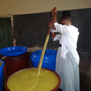 Freshly produced Unrefined Shea Butter before packaging at our Ghana production facility.