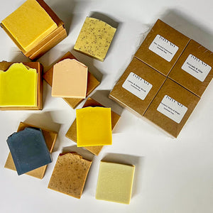 Handmade cold process soap variety pack featuring artisan soaps in recyclable kraft packaging.